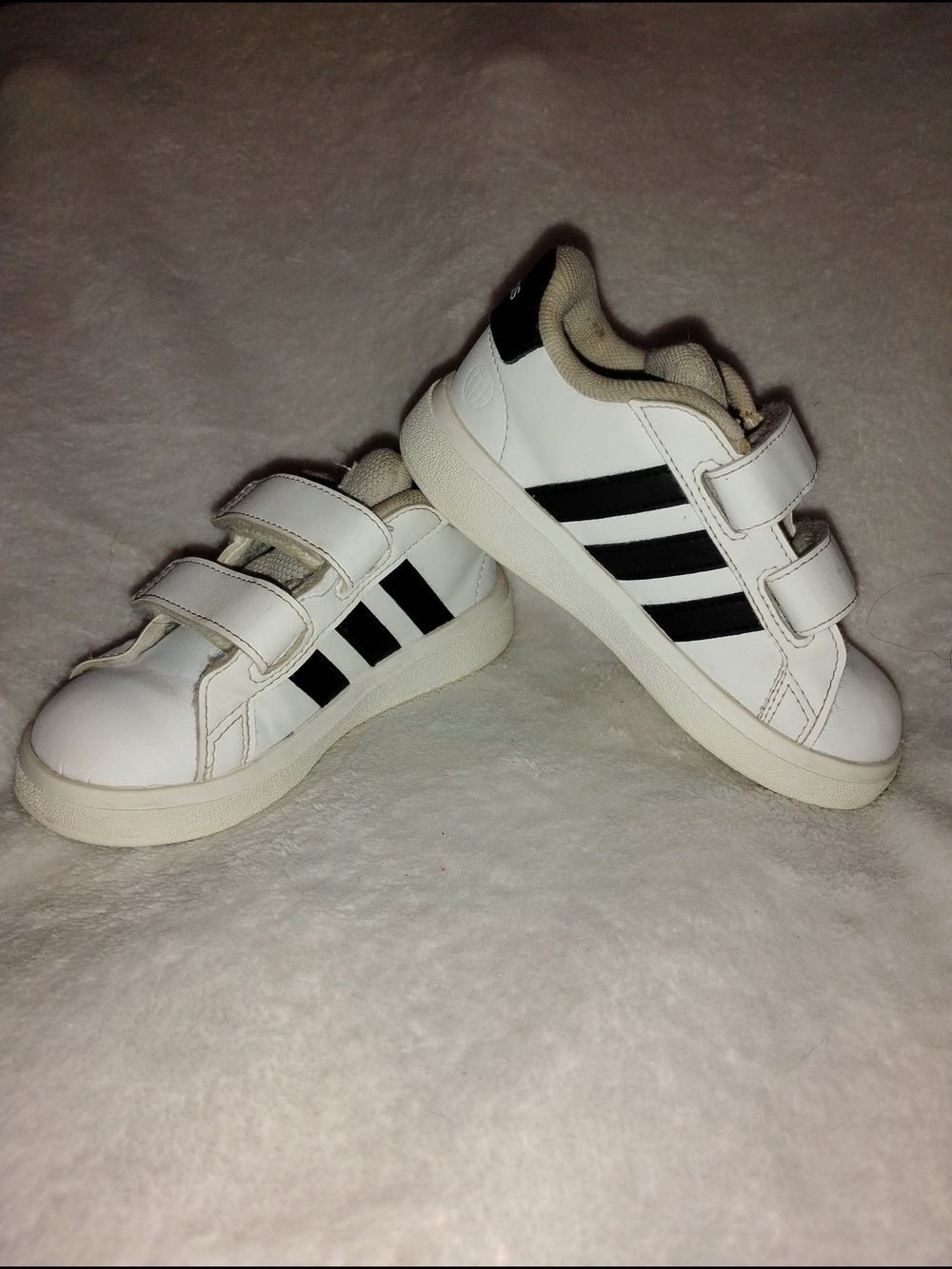 adidas Kids White Sneakers with Black Stripes and Velcro